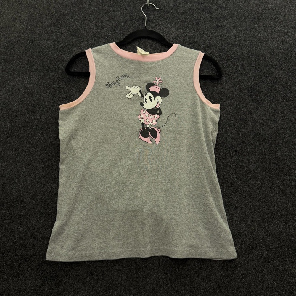 Vintage Disney Minnie Mouse Bling Ring Tank Top Gray Pink Ringer 1X XT2893